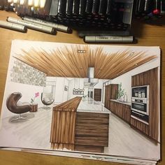 a drawing of a kitchen with an oven and counter top next to a computer keyboard