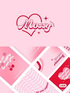 a pink background with red and white designs on the bottom right hand corner is an i love you sticker