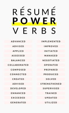 the words resume power verbbs are shown in black and yellow on a white background