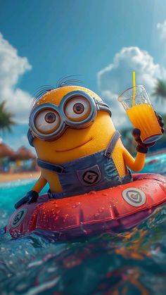 a minion holding a drink while floating in the ocean