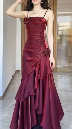 Floor Length Formal Dress, Red Wine Dress Outfit, Red Ball Dresses, Red Long Gown, Long Sleeve Dress Design, Red Satin Gown, Burgundy Party Dress, Vintage Ball Gown, Satin Long Dress