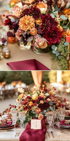 the table is set with flowers and candles for an elegant fall wedding in burgundy, gold and orange