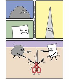 a comic strip with scissors cutting paper