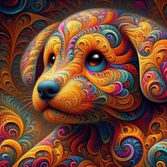 a colorful dog's face is shown in this artistic painting