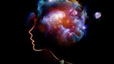 a woman's head with colorful clouds and stars in the space behind her, as if she was thinking about something