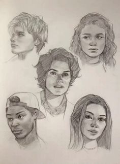 four different faces are shown in this drawing