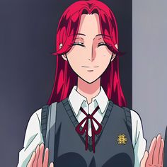 an anime character with red hair wearing a vest and holding her hands up in the air