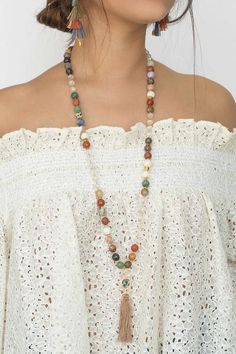 Chan Luu Multi Tassel Long Necklace Bohemian Hand-strung Necklaces For Layering, Layering Multicolor Necklaces With Natural Stones, Multicolor Natural Stones Necklaces For Layering, Spiritual Multicolor Long Necklace, Multicolor Bohemian Hand-strung Crystal Necklaces, White Hand Knotted Bohemian Necklace, White Bohemian Hand Knotted Necklace, White Bohemian Hand-knotted Necklace, Spiritual Multicolor Long Necklace With Gemstone Beads