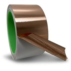 a roll of metallic tape with green adhesivee on it's side and an orange strip in the middle