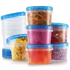 six plastic containers filled with different types of food