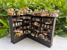 an open book shelf filled with lots of books and other items in front of some plants