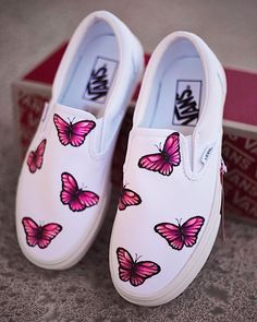 Butterfly Vans, Painted Butterflies, Shoe Painting, Butterflies Design, Blue Butterflies, White Vans, Custom Hand Painted, Snoopy And Woodstock, Painted Shoes