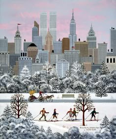 a painting of people playing in the snow with city buildings and horse drawn sleighs