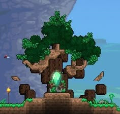 an old - school computer game with a tree in the foreground and a green light at the top