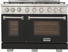 a black and silver stove with two ovens on it's sides, side by side