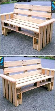 two pictures of a wooden bench made out of pallets