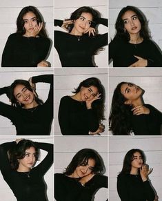 many different pictures of a woman posing with her hands on her face and the other hand to her ear