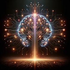 a computer circuit board with a glowing brain in the center and lights coming from it