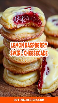 lemon raspberry swirl cheesecake cookies stacked on top of each other with the words, lemon raspberry swirl cheesecake