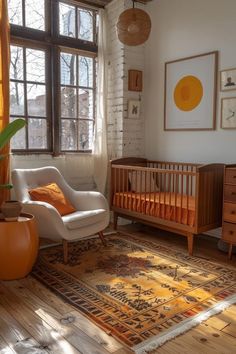 a baby's room with a crib, rocking chair, and dresser in it