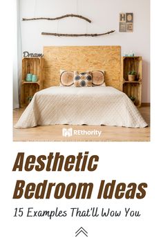 a bed with wooden headboard and pillows on it in front of a white wall