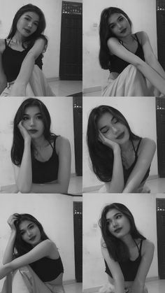 four different pictures of a woman in black and white posing for the camera with her hands on her face