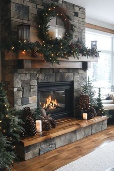 Christmas Fireplace Mantels Cozy, Candlestick On Mantle, Fireplace Country Farmhouse, Fire Insert Ideas, Fireplace Dog Bed, Rustic Fireplace Mantle Decor, Country Christmas Fireplace Decor, Home Decor Ideas Living Room Fireplace, Decorated Mantels For Christmas