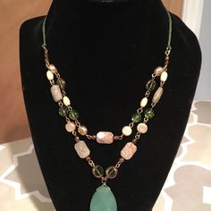 Two Tiered Stone, Fresh Water Pearls And Glass Beads. Large Faceted Green Stone Drop. Measures 16 Inches With A 2 1/2 Inch Extender. Large Bead Necklace, Multi Chain Necklace, Lampwork Jewelry, Blue Charm, Necklace Ideas, Orange Crystals, Jewelry Stone, Cluster Necklace, Fresh Water Pearls