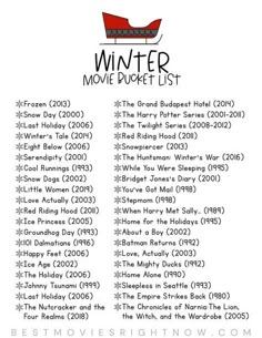 the winter movie bucket list is shown in black and white, with red lettering on it