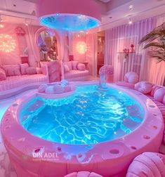 a hot tub in the middle of a living room with pink couches and pillows