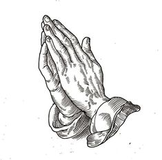 the hands of an old woman are folded in prayer, vintage line drawing or engraving