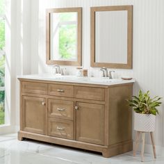 a bathroom vanity with two mirrors above it and a potted plant next to it