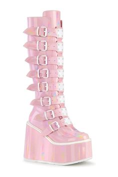 SWING-815 Knee Boot | Hologram Faux Leather-Knee Boots-Demonia-SEXYSHOES.COM Demonia Boots, Knee High Platform Boots, Demonia Shoes, Light Up Shoes, Metal Plates, Pink Boots, Corsets And Bustiers, Estilo Punk, Thigh High Stockings