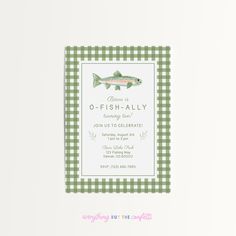 a green and white checkered card with a fish on it