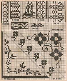 a cross stitch pattern with flowers and other designs on the bottom, in black and white