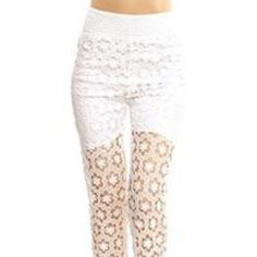 Crochet Lace Pants. Runs Small- Featuring Wide Elastic Waist Band, Partially Lined. 100%Polyester S/M And M/L Body Length:37inseam:30 Casual Spring Bottoms With Crochet Lace, Spring Fitted Pants With Lace Trim, Fitted Pants With Lace Trim For Spring, Fitted White Pants With Lace Trim, White Lace Casual Pants, High Waist Pants With Lace Trim For Summer, Summer Lace Pants With Stretch, Stretch Lace Pants For Summer, Non-stretch Lace Pants For Spring