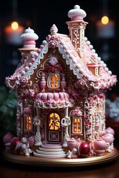 a close up of a gingerbread house on a table