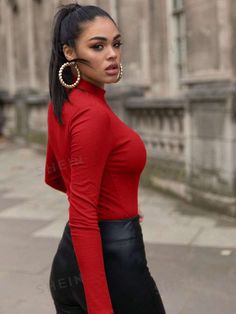 Fitted Red Long Sleeve Tops, Red Fitted Turtleneck Top, Red Crew Neck Long Sleeve Top For Fall, Casual Fitted Red Long Sleeve Top, Red Stretch High Neck Top, Trendy Red Tops For Winter, Red Solid Color Winter Tops, Red Tops For Fall Layering, Red Tops For Layering In Fall