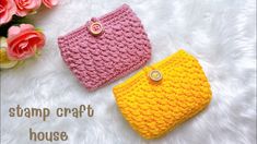 two crocheted purses sitting next to each other on a white furnish