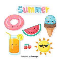 an assortment of summer items including donuts, watermelon and ice cream