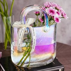 NiHome Iridescent Glass Handbag Vase, Versatile Use as Flower Holder or Fishbowl, Decorative Piece for Home Dcor, Weddings, Birthdays, Durable Thickened Handle & Elegant Silk Ribbon Bow Color: Multicolor. Glass Handbag, Handbag Vase, Purse Vase, Glass Purse, Vase For Flowers, Vase Glass, Flower Holder, Fish Bowl, Ribbon Bow