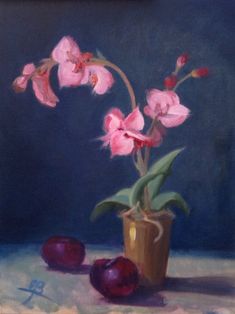 a painting of pink orchids in a vase with cherries on the table next to it