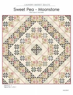 the pattern for sweet pea - moon stone quilts is shown in pink, white and black