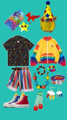 I’m just making fit ideas I wish I had these clothes 😭 Kidcore Clothing, Clown Party, Clowning Around, Rainbow Outfit, Fit Ideas