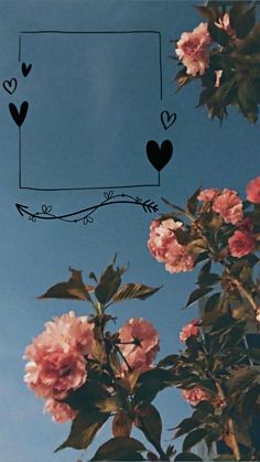 some pink flowers and leaves on a blue sky with an arrow drawn in the middle