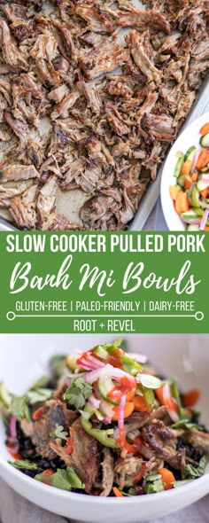 slow cooker pulled pork bake with vegetables and meat in the foreground, on a white plate