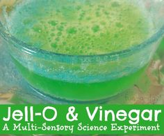 a green liquid in a glass bowl with the words jello - o and vinegar