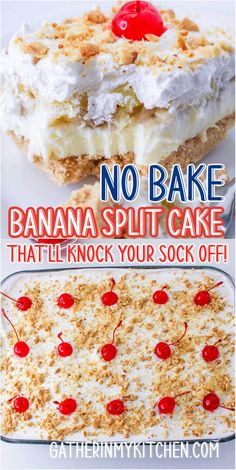 no bake banana split cake with cherries on top