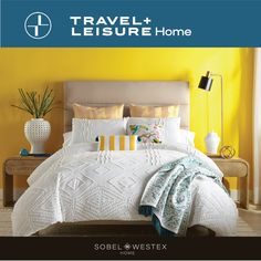 a bedroom with yellow walls and white bedding in the center is an advertisement for sole westex travel leisure home