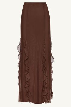 Indulge in the exquisite elegance of the Adriana Waterfall Mesh Maxi Skirt in Brown. Crafted from delicate mesh fabric, this skirt features a cascading waterfall ruffle detail and flattering princess seams. Perfect for making a sophisticated statement at any event or occasion. Model is 5'7" and is wearing size S/44". Please note this garment runs tight. We kindly recommend choosing one size up from your usual size. Luxury Tiered Skirt Midi Dress For Daywear, Elegant Sheer Voluminous Skirt, Maxi Skirt Shoes, Elegant Sheer Maxi Skirt For Evening, Elegant Spring Skirt With Layered Hem, Elegant Skirt With Layered Hem For Spring, Elegant Layered Skirt For Spring, Elegant Layered Hem Skirt For Spring, Elegant Summer Maxi Skirt With Ruffles